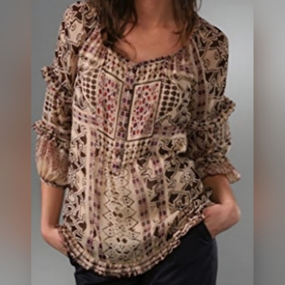 Diane Von Furstenberg Tops - Diane Von Furstenberg Womens Ruffle Blouse 100% Silk Geometric BrownCream Size 0